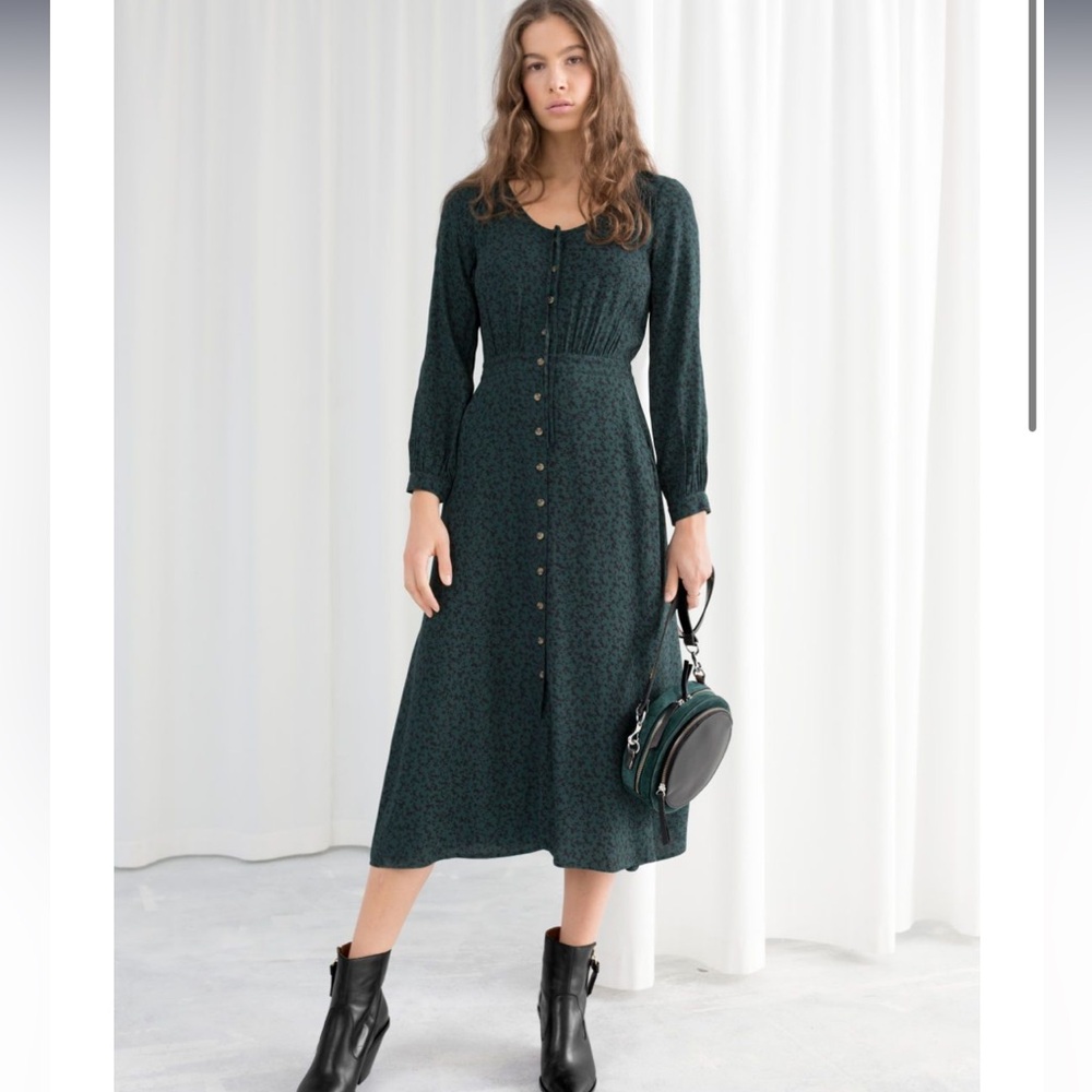 & Other Stories Green Floral Long Sleeve Midi Dress Button Front Cottagecore
